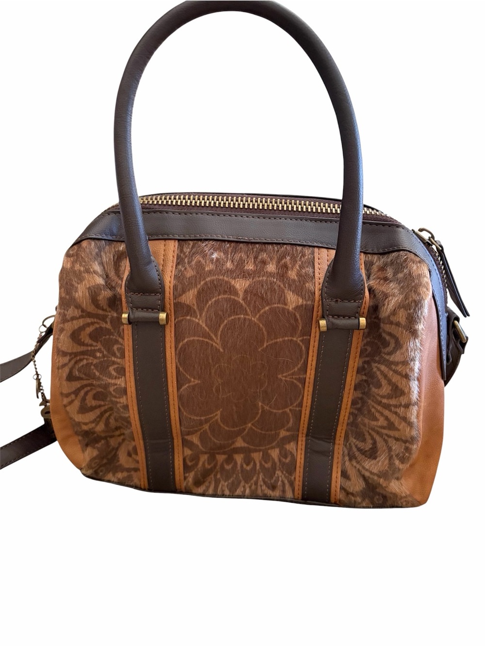 Very rare Desigual Brown & Tan Leather Haircalf Crossbody Satchel - Picture 2 of 8